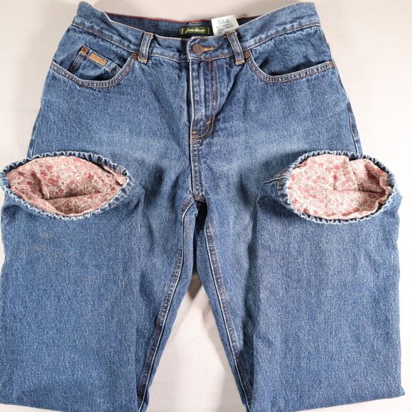 Eddie Bauer Lined Jeans Womens Size 8 Floral Flannel Denim 5 Pocket Medium Wash - Picture 1 of 12